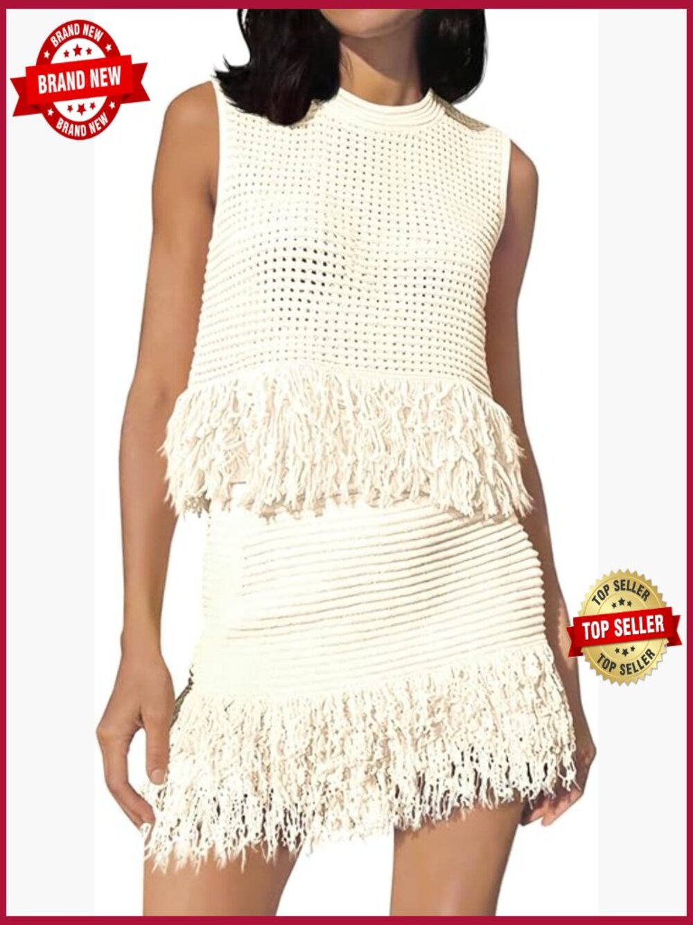 2 Piece Crochet Outfit Sleeveless Knit Top Fringe Skirt Summer Beach Set